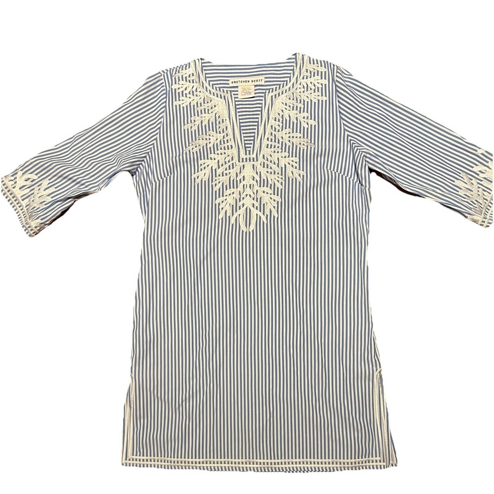 Gretchen Scott Dress Sz XL The Reef Wash/Wear PinStripes Pockets Embroidered
